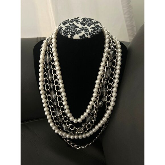 Elegant Multi-Strand Faux Pearl & Silver Chain Necklace With Crystal Accents - Picture 1 of 5